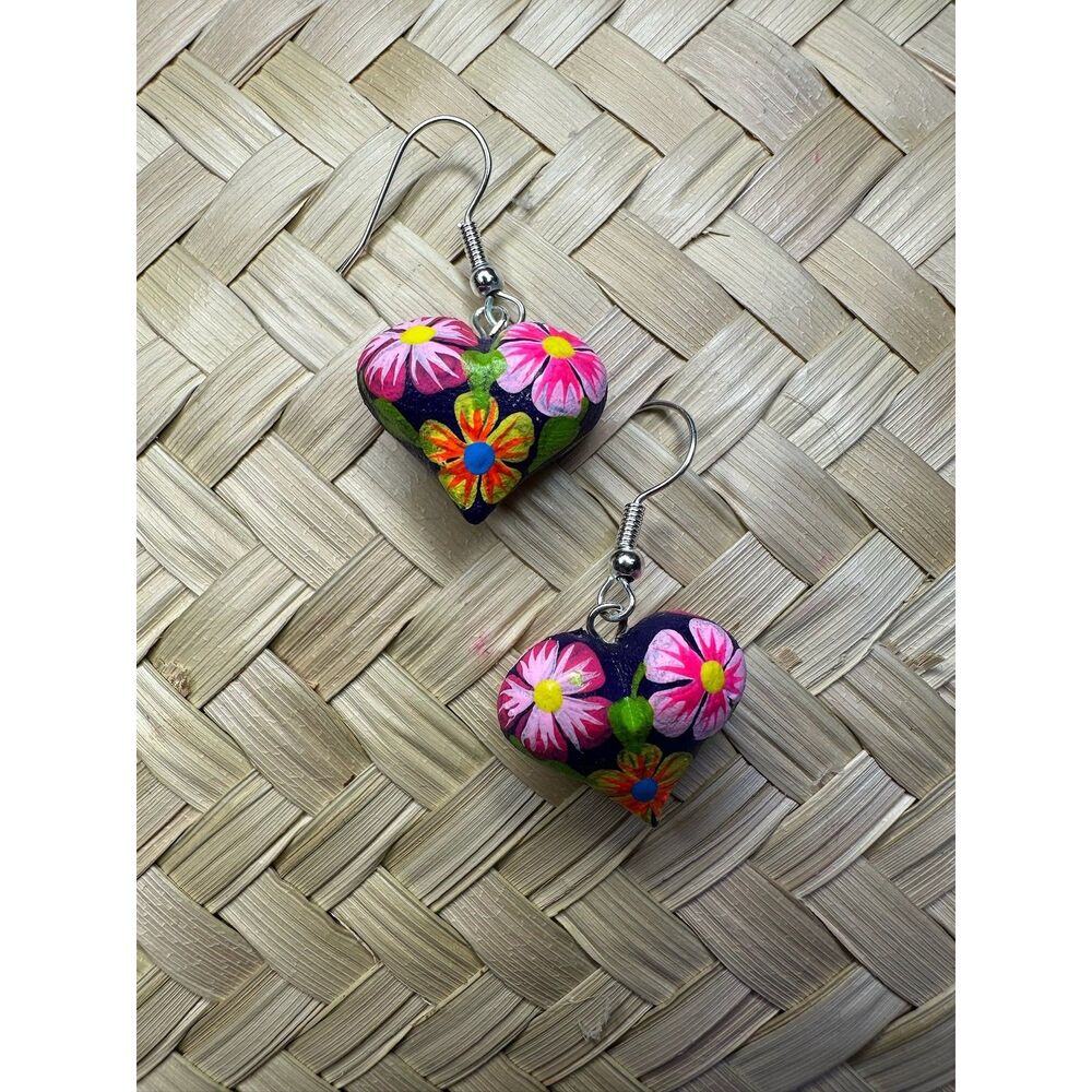 Navy Wood Heart Earrings Hand Painted Mexican Folk Art Oaxaca Floral Dangle Boho